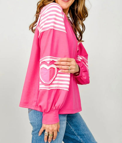 A24 Pink Stripe Long Sleeve with Heart Detail - Ivy's Gifts & Boutique