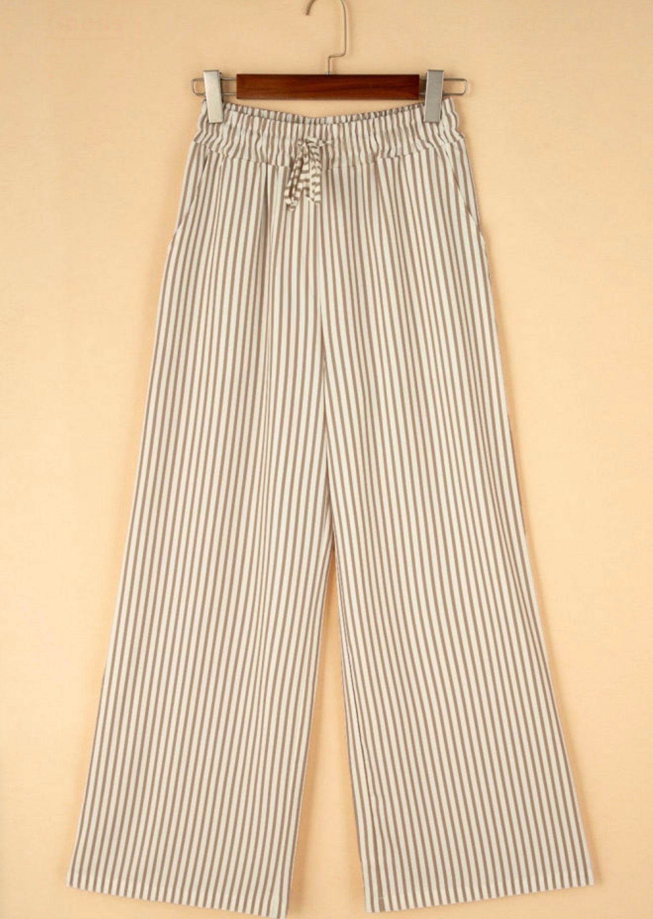 Khaki striped wide leg, drawstring pants