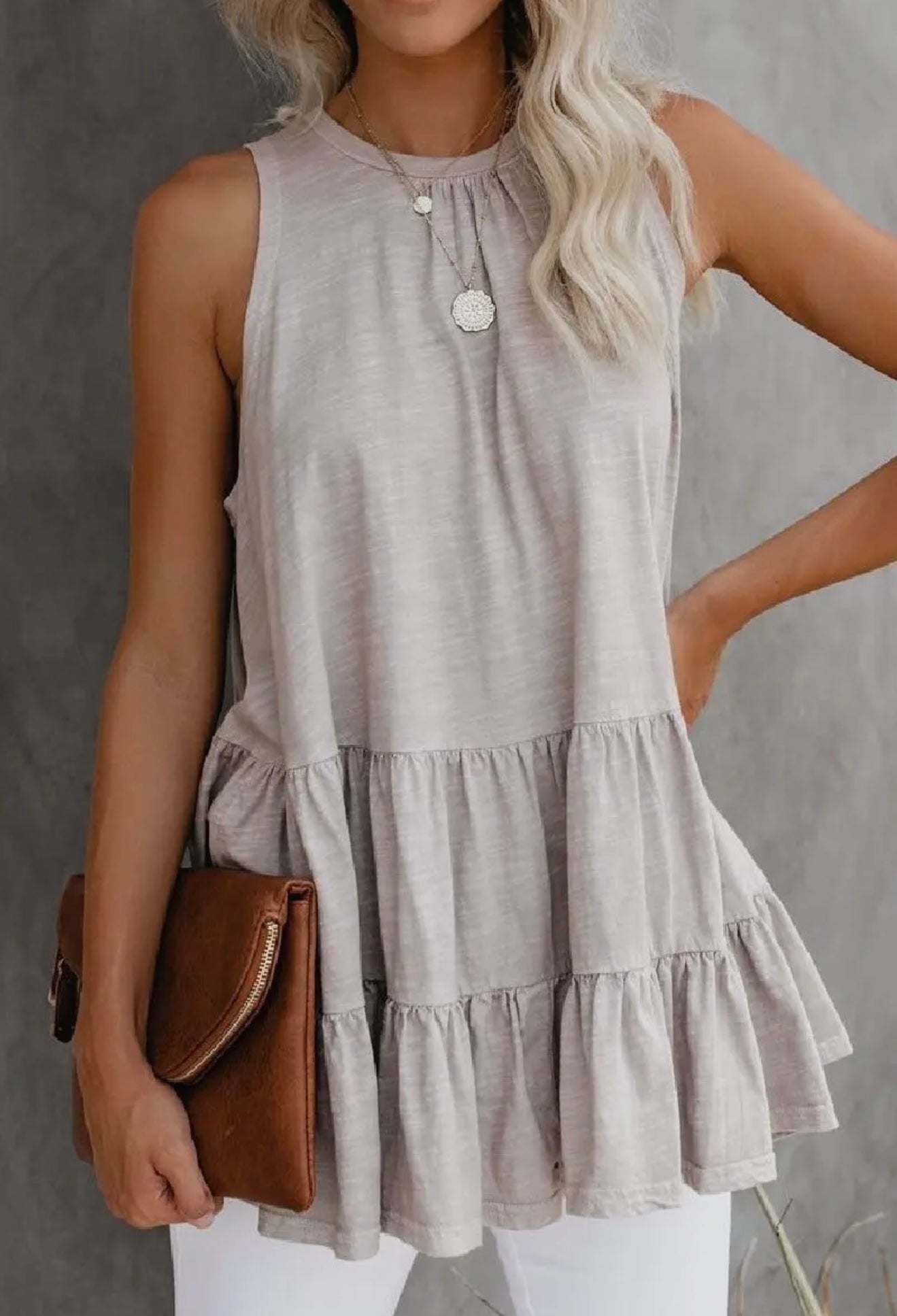 Beige Sleeveless Ruffle Hem Tunic Top with Tie Back