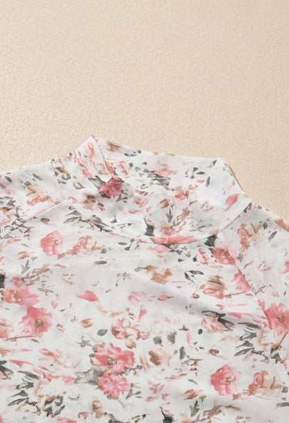 Sheer Floral Print Mock Turtle Neck Cropped Top