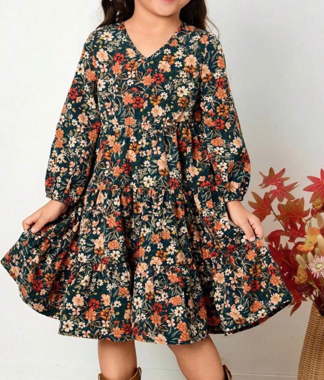 FL1 Fall Floral Print Dress with Long Sleeves and Ruffle Hem