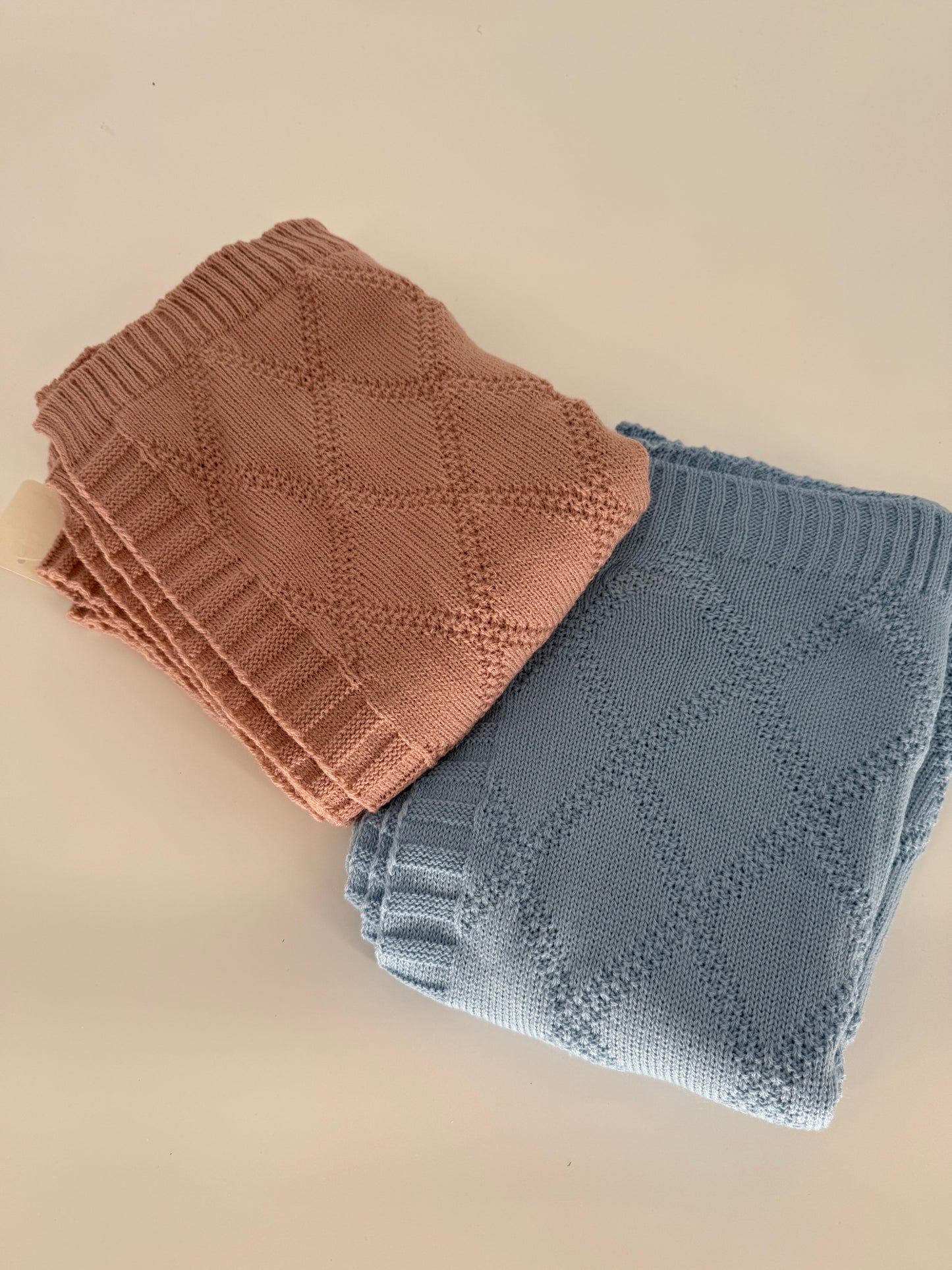 Woven “sweater” Baby Blanket in Blue or Mauve