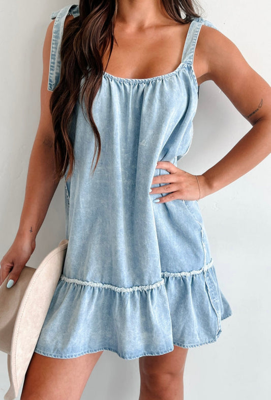 Light Wash Denim Dress with Shoulder Ties