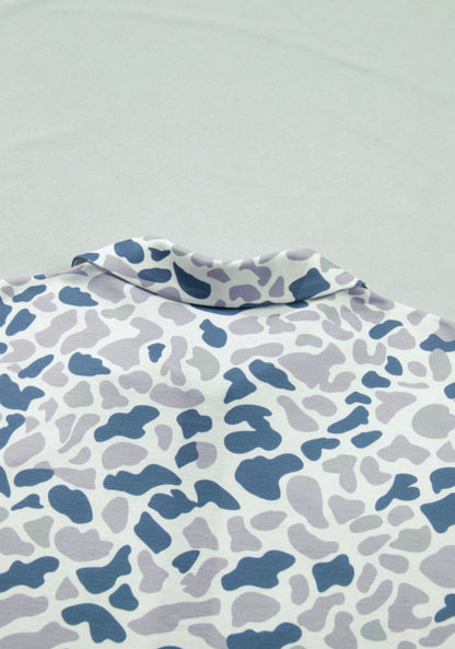 PP21 Camo Print 2pc Short Set with Contrast Color Zip Up Neckline Collar Top and Elasric Waist Drawstring Shorts with Pockets