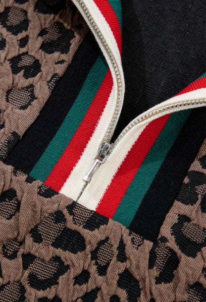 MLGR Animal Print Half Zip Top with Green and Red Accents