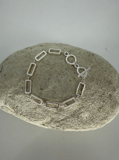 Trezo Silver Rectangle Link Necklace and Bracelet with Toggle Style Closure