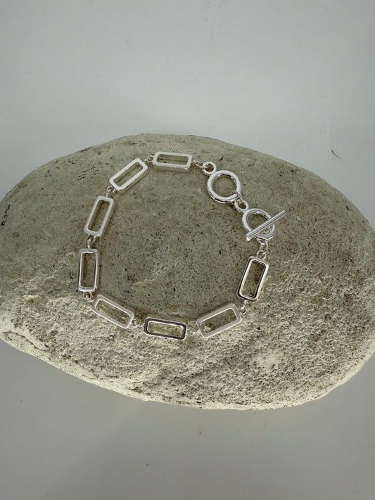Trezo Silver Rectangle Link Necklace and Bracelet with Toggle Style Closure