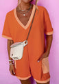 Orange Romper with Peach French Terry Trim and Oversized Pockets