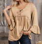 Ivys Gifts & Boutique solid color top with 3/4 length sleeves and string tie neck detail, casual and stylish women's blouse