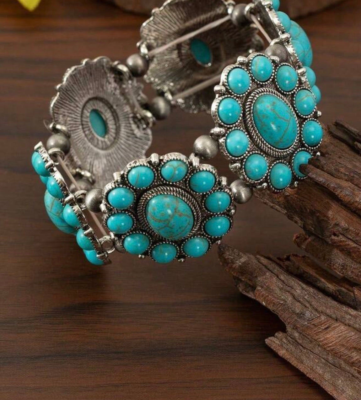 FTSBS Faux Turquoise Statement Disc Western Style Stretch Bracelet