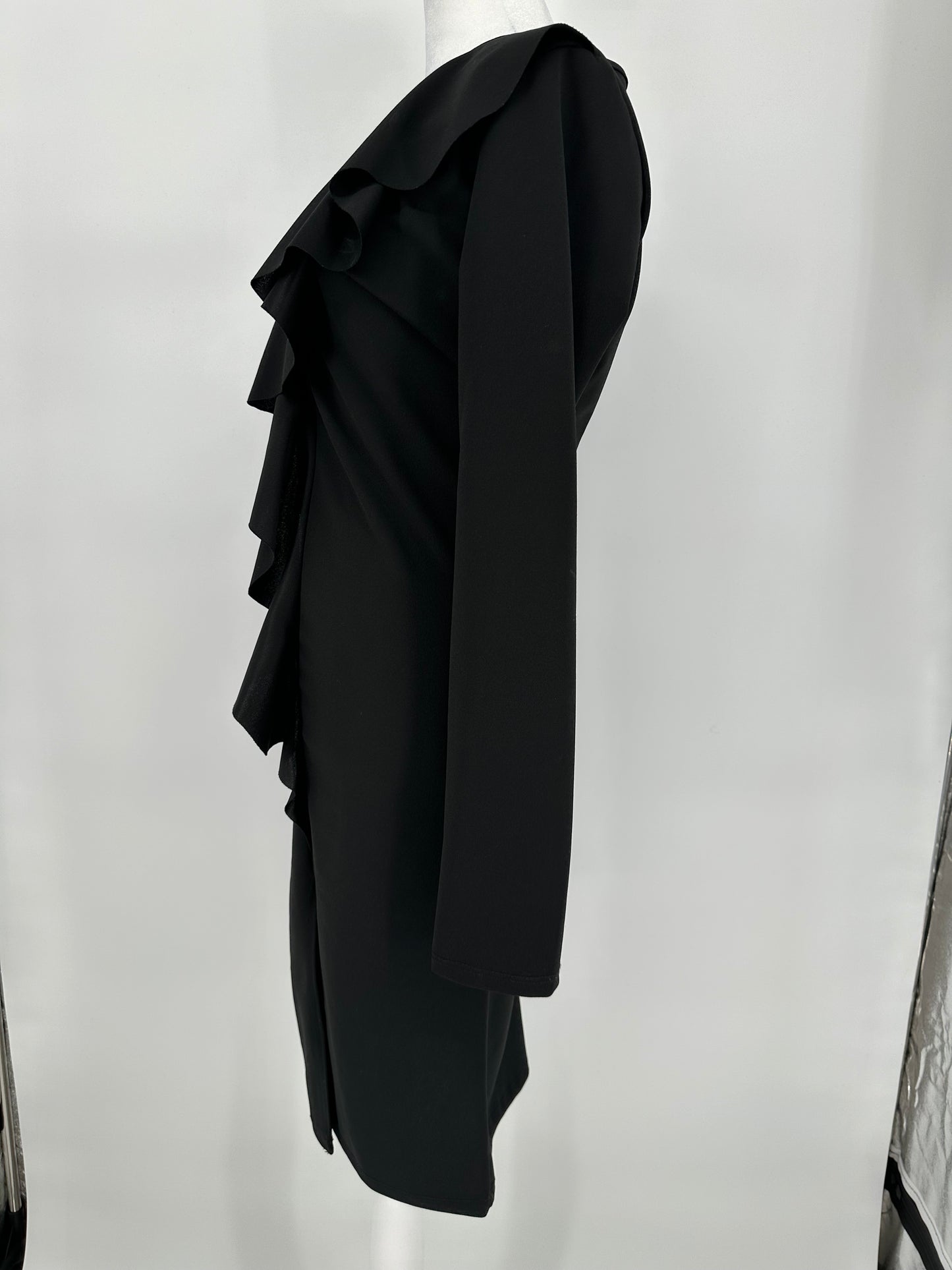 Black Long Sleeve Dress with Diagonal Shoulder Ruffle