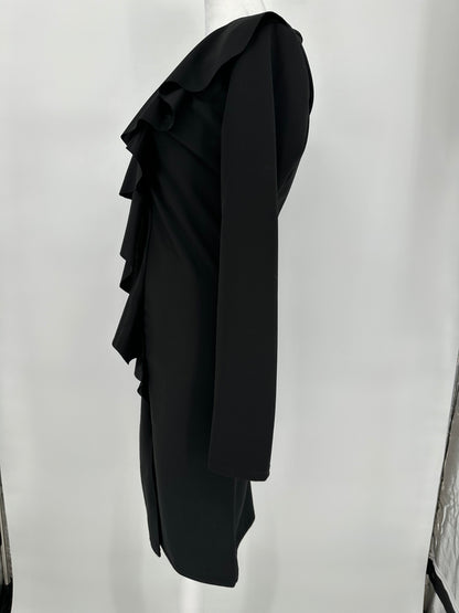 Black Long Sleeve Dress with Diagonal Shoulder Ruffle