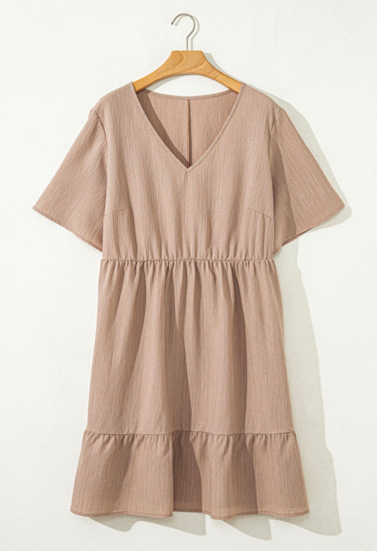 PP16 Dark Khaki Textured Fabric Short Sleeve Dress with Pockets and Flattering Thin Elastic Waist Band