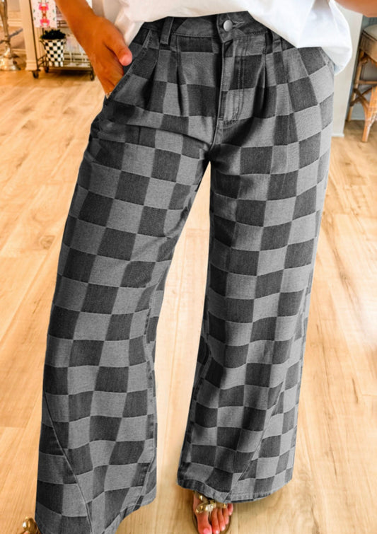 Black and Gray Checked Denim Pants