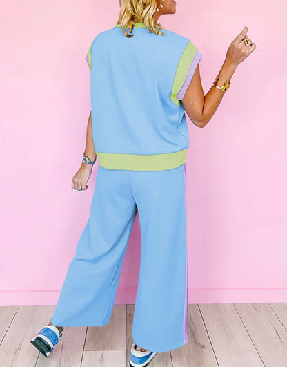 MLLBJ Light Blue with Purple and Green Accent Trim 2 Piece Athletic Leisure Style Pant Set
