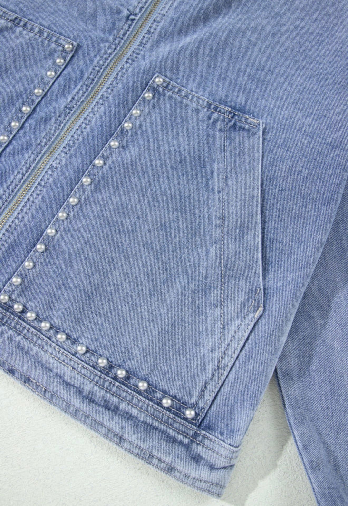 MLDJ Medium Wash Zip Closure Denim Jacket with Pearl Embellishments