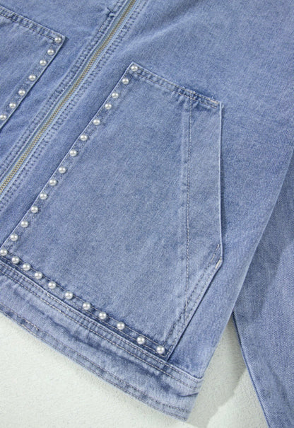 MLDJ Medium Wash Zip Closure Denim Jacket with Pearl Embellishments