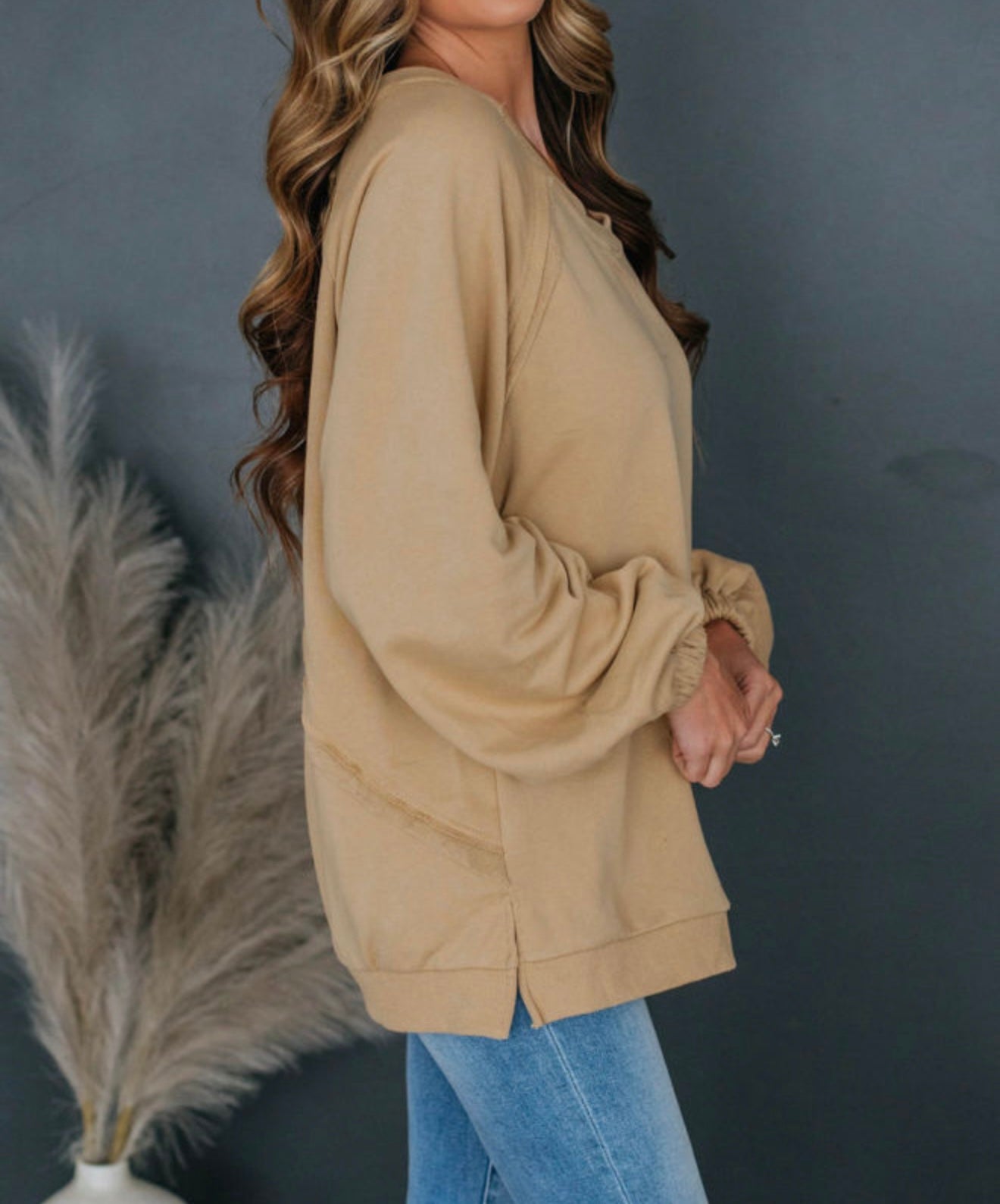 Beige sweatshirt w/v cut out back