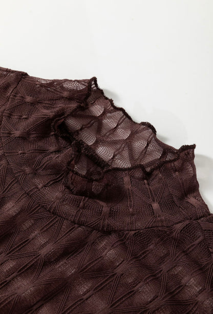 A63 Coffee Color Lattice Design Sheer Long Sleeve Top - Ivy's Gifts & Boutique