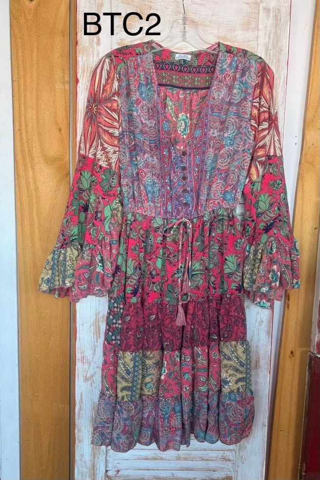BTC BoHo Style Dress with Unique Fabric Patterns Ruffle Sleeve and Hem