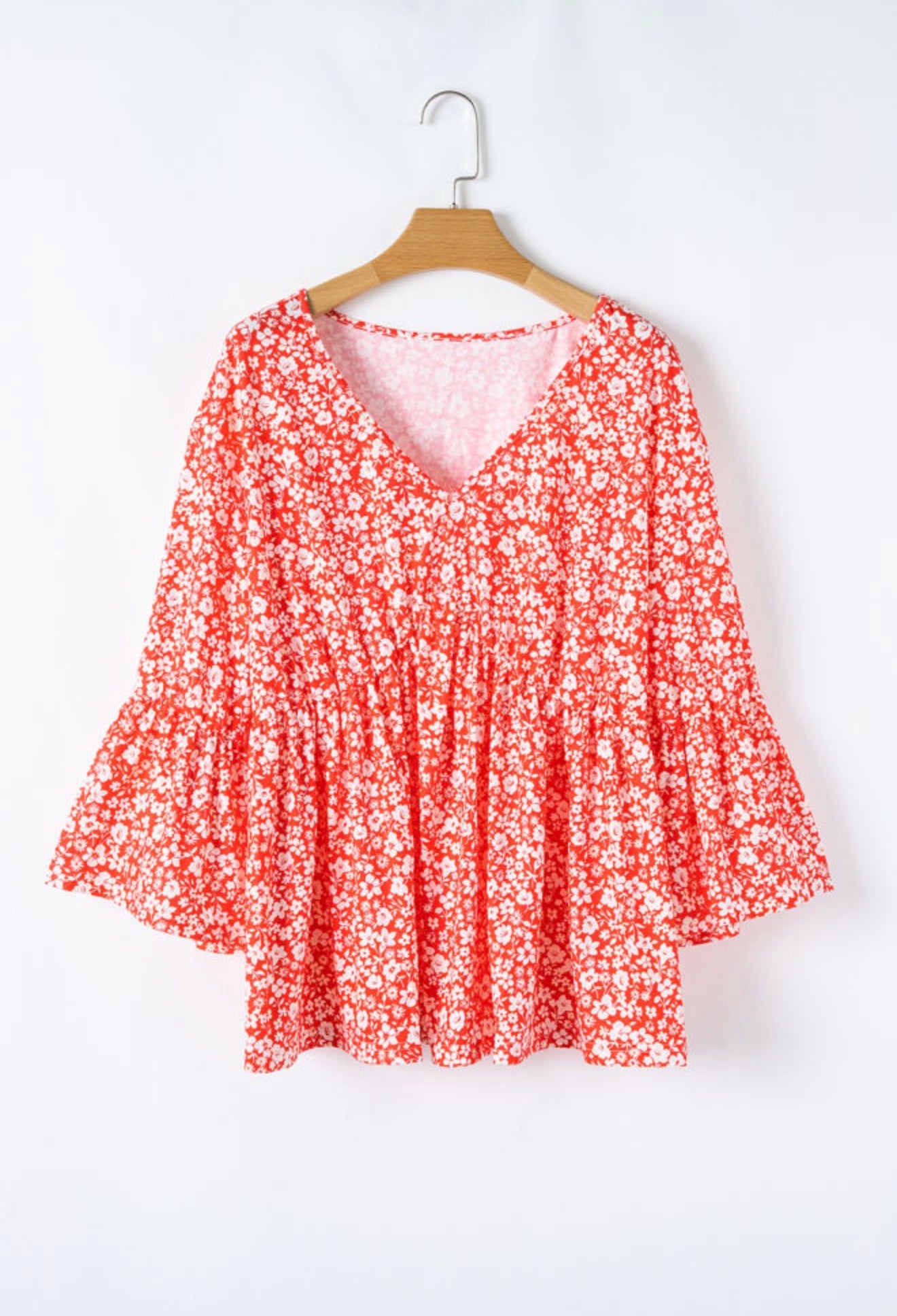 PP30 Red Flare Sleeve V Neck Top with White Floral Detail