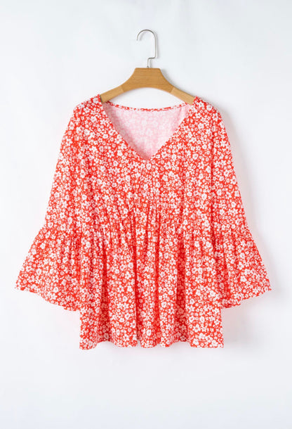 PP30 Red Flare Sleeve V Neck Top with White Floral Detail