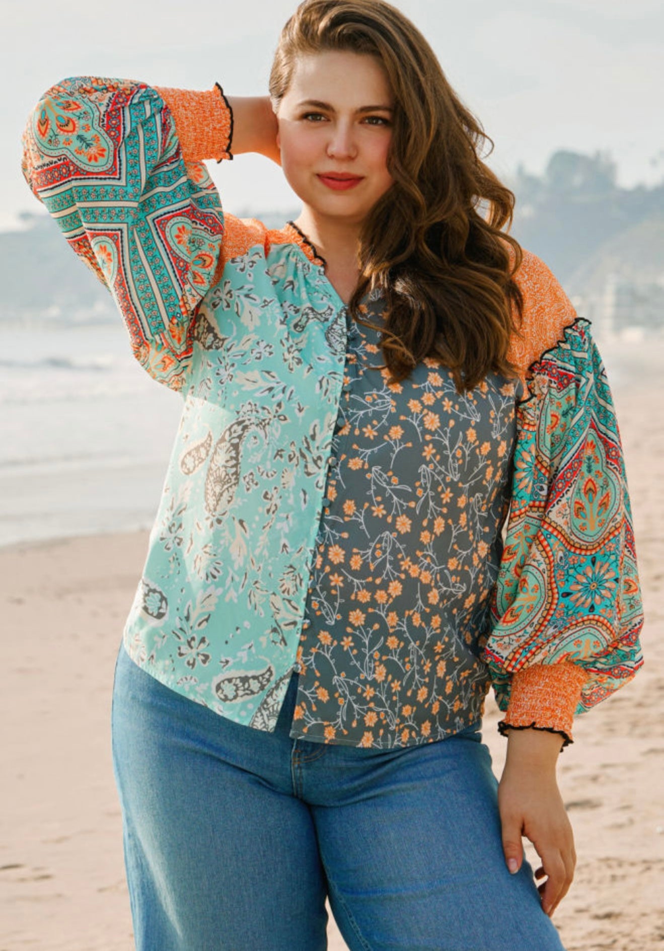 Multi Print Button Up Blouse with Elastic Cuff Sleeves
