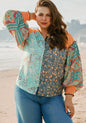 Multi Print Button Up Blouse with Elastic Cuff Sleeves