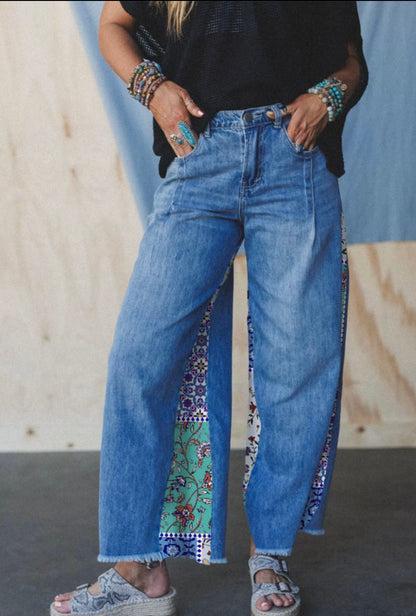 Blue Jeans with Patchwork Side Seam Detail