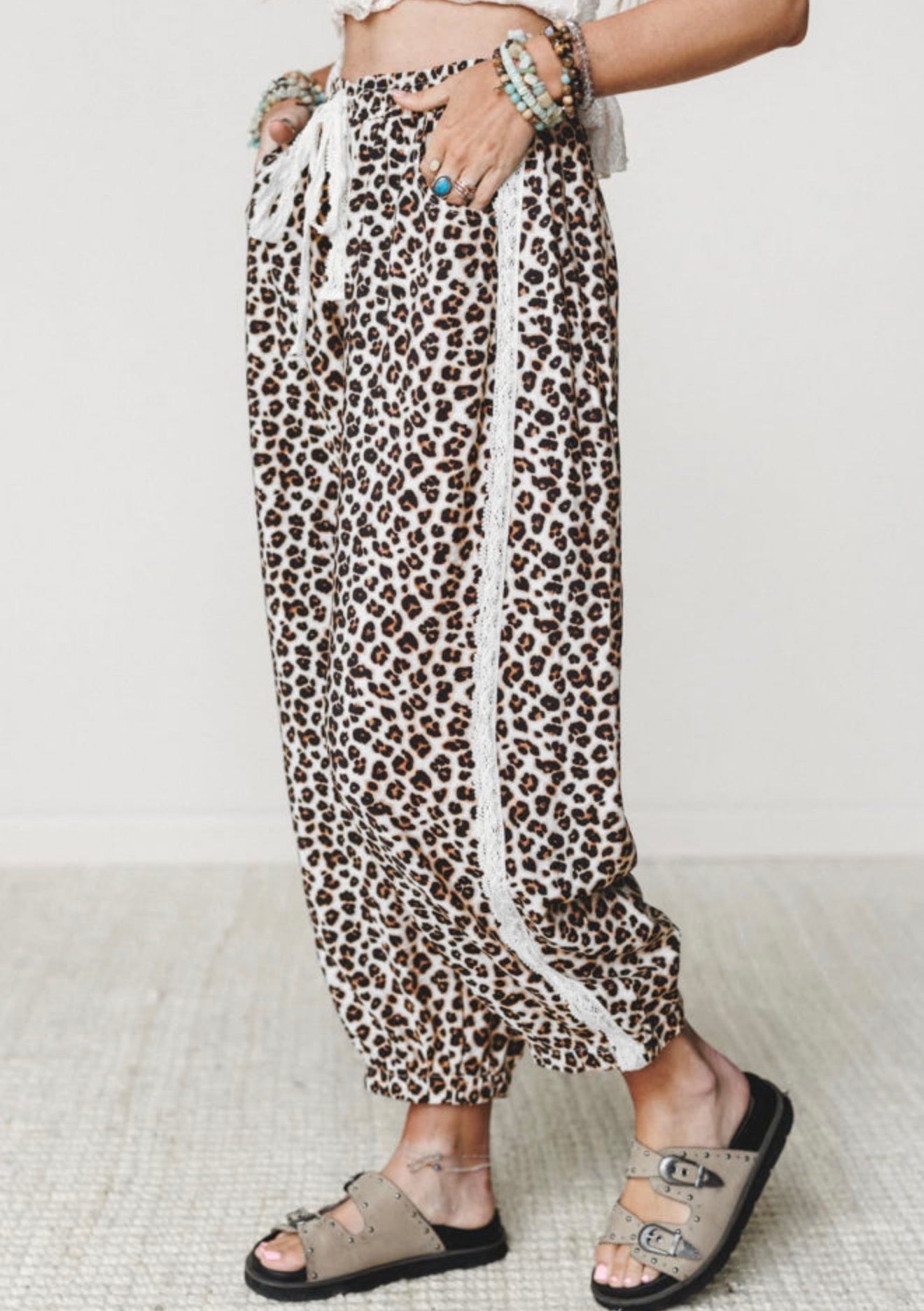 MLAPJ Animal Print Joggers with Crochet Lace Side Seam and Back Pocket Detail
