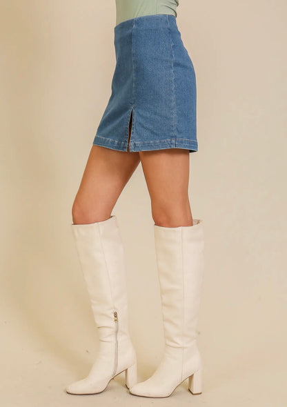 Blue denim Rodeo Nights skirt with stretchy comfort from Ivy's Gifts & Boutique, featuring a stylish fit and classic denim look.