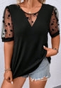 PP35 Black V Neck Top with Sexy Sheer Floral Sleeves and Neck
