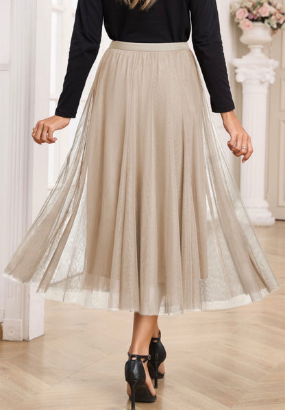 MLSK Tan Long Skirt with Mesh Overlay for a Modern Style