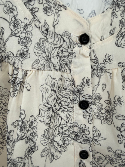 CH5 Children's Cream and Navy Floral Print Cotton Dress with Navy Button Front and Ruffle Hem