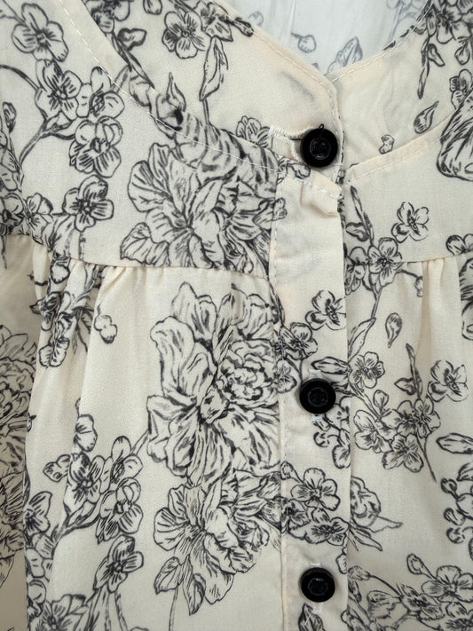 CH5 Cream and Navy Floral Print Cotton Dress with Navy Button Front and Ruffle Hem