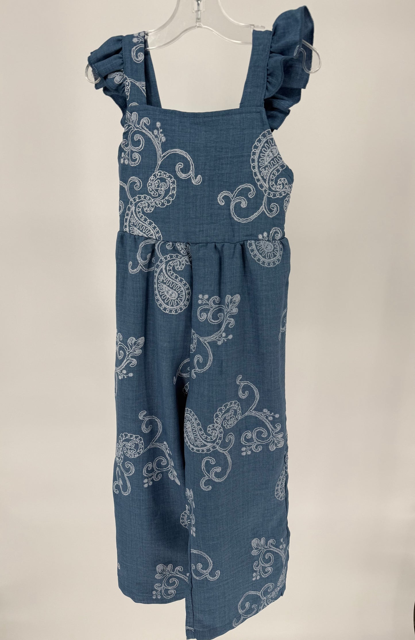 CH13 Children's Blue Paisley Print Wide Leg Jumpsuit with Elastic Back Bodice and Ruffle Cap Sleeves ￼