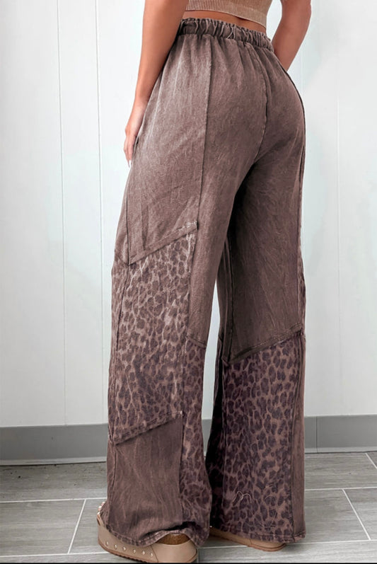 A35 Coffee Mineral Wash Leopard Patchwork Loose Fit Pants