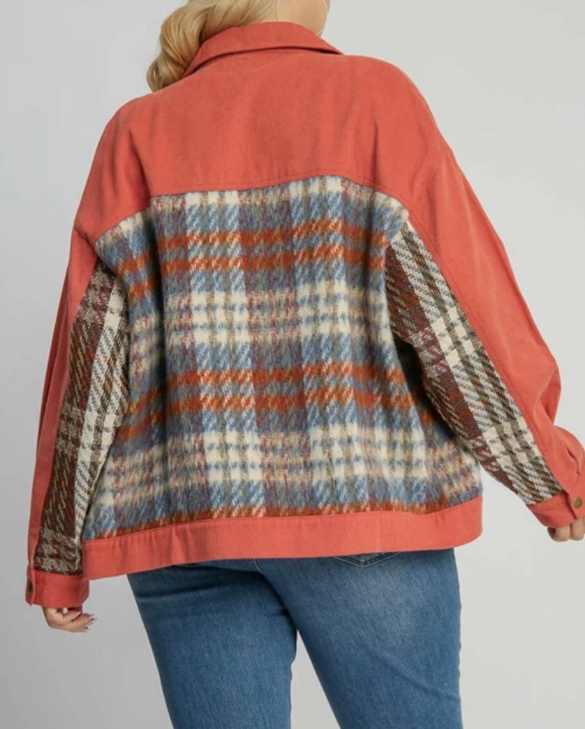 Umgee Burnt Orange Jacket with Plaid Contrast