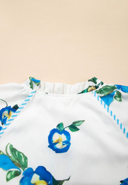 PP34 White Dress with Blue Floral Print and Contrast Tie V Neck and Puff Sleeves