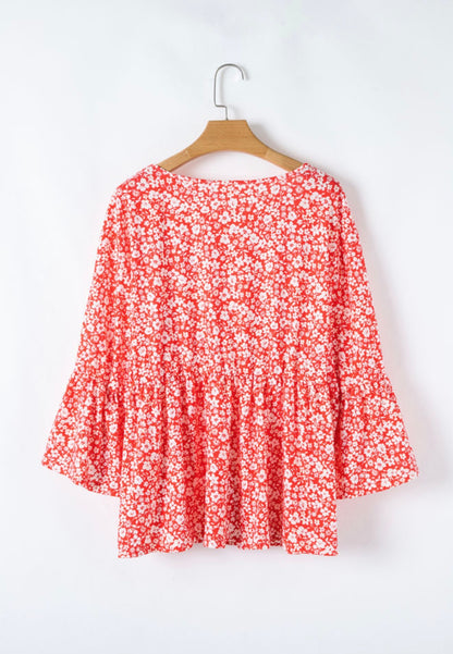 PP30 Red Flare Sleeve V Neck Top with White Floral Detail