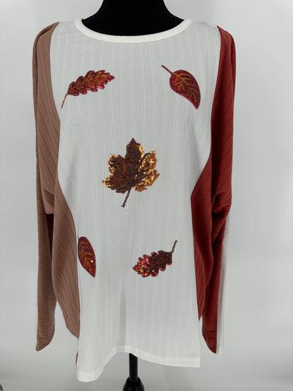 Fall Sequin Leaves Color Block Long Sleeve Top