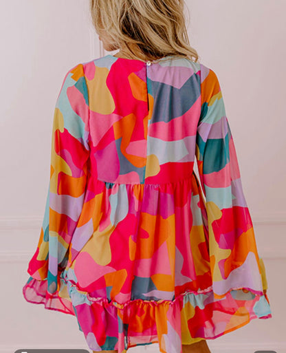 Abstract Bright Printed Baby Doll Dress