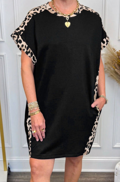 PP17 Black Shift T Shirt Dress with Pockets and Animal Print Accents
