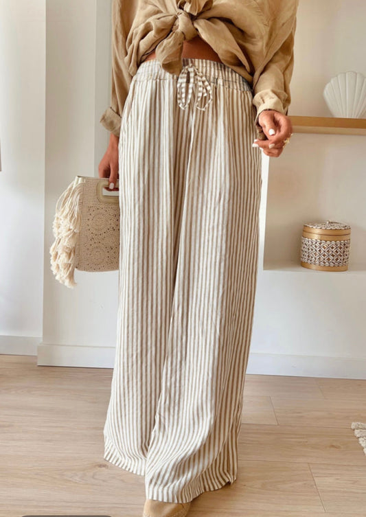 Khaki striped wide leg, drawstring pants