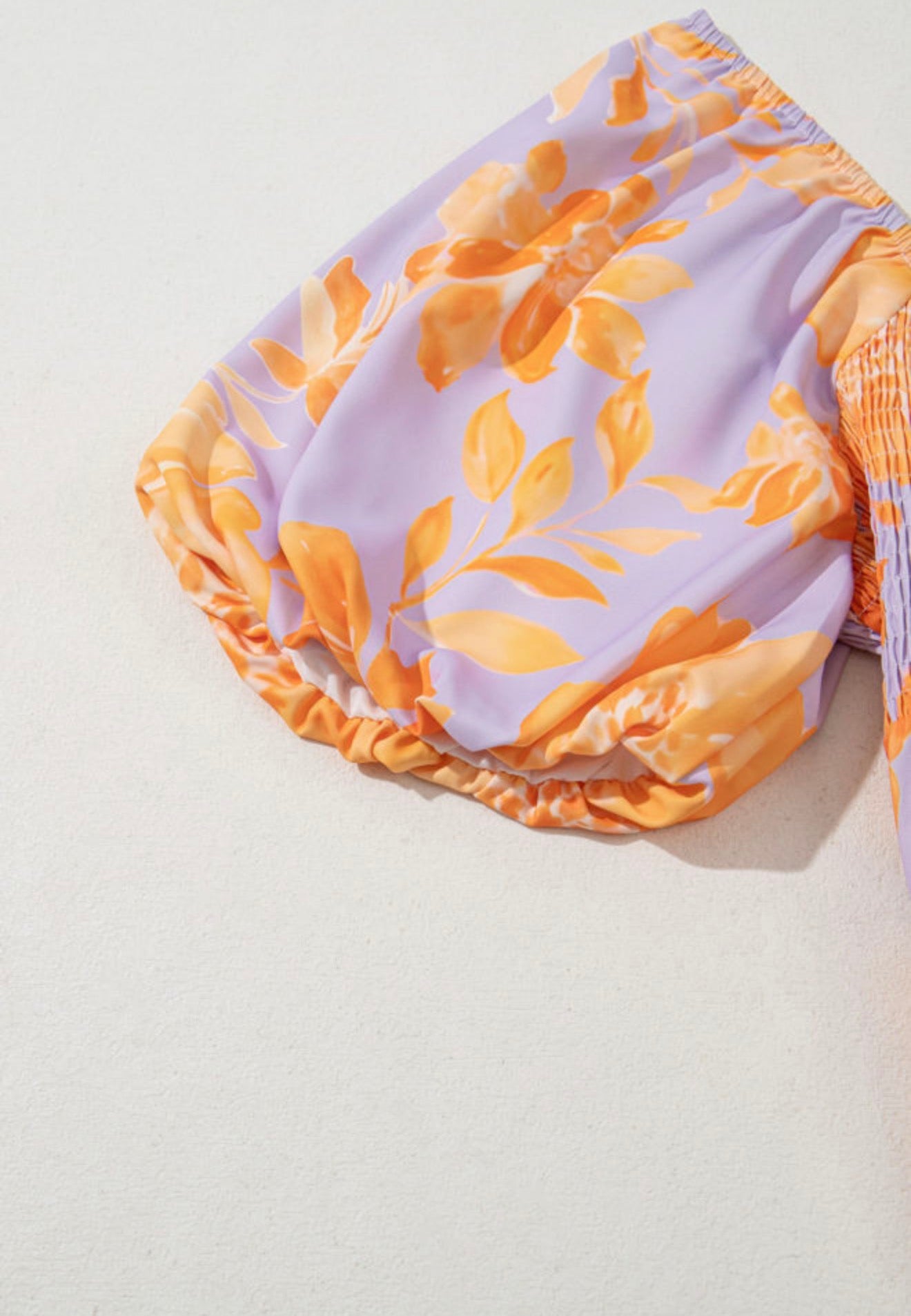 PP31 Purple and Orange Floral Square Neckline Puff Sleeve Top with Gathered Elastic Bodice for Flattering Fit