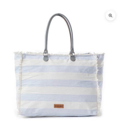 MY17 MYRA BRAND Weekender Size Tote with Zipper in A Fresh Light Blue and White Summer Stripe Print