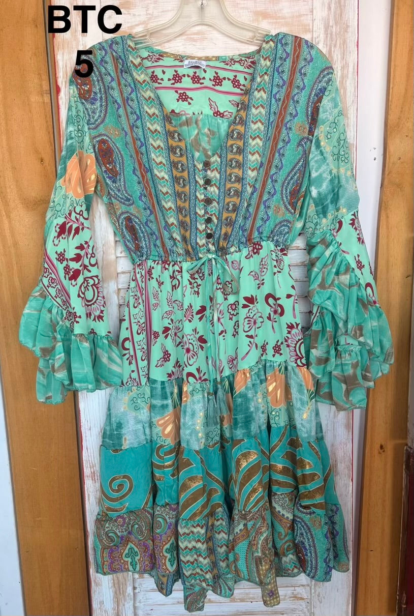 BTC BoHo Style Dress with Unique Fabric Patterns Ruffle Sleeve and Hem