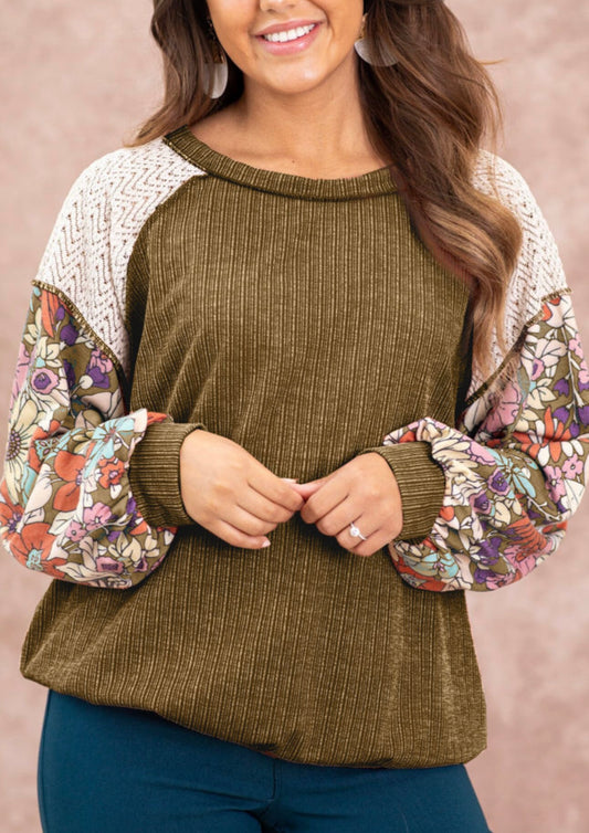 Brown Top with Floral Long Sleeve and Lace accent