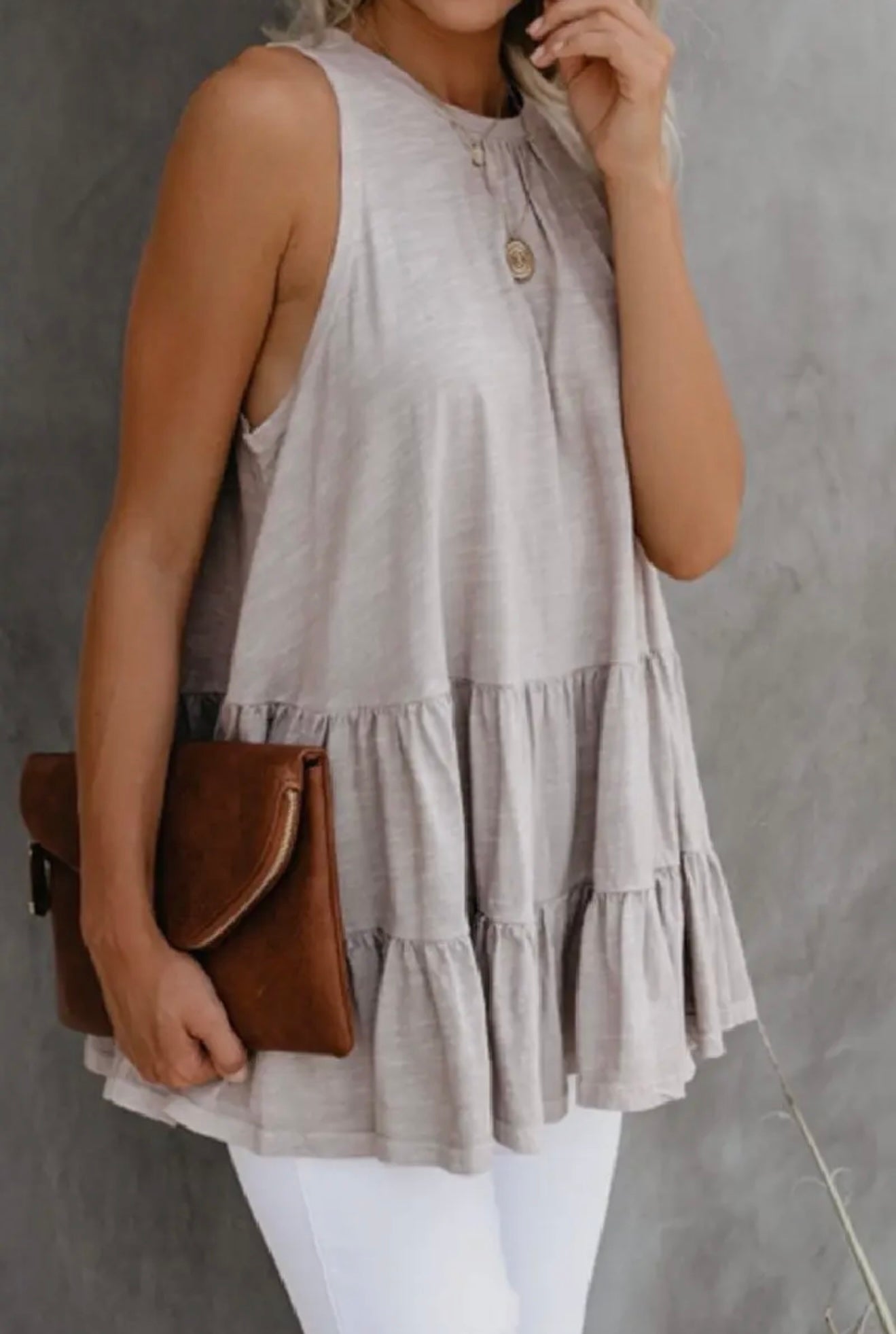 Beige Sleeveless Ruffle Hem Tunic Top with Tie Back