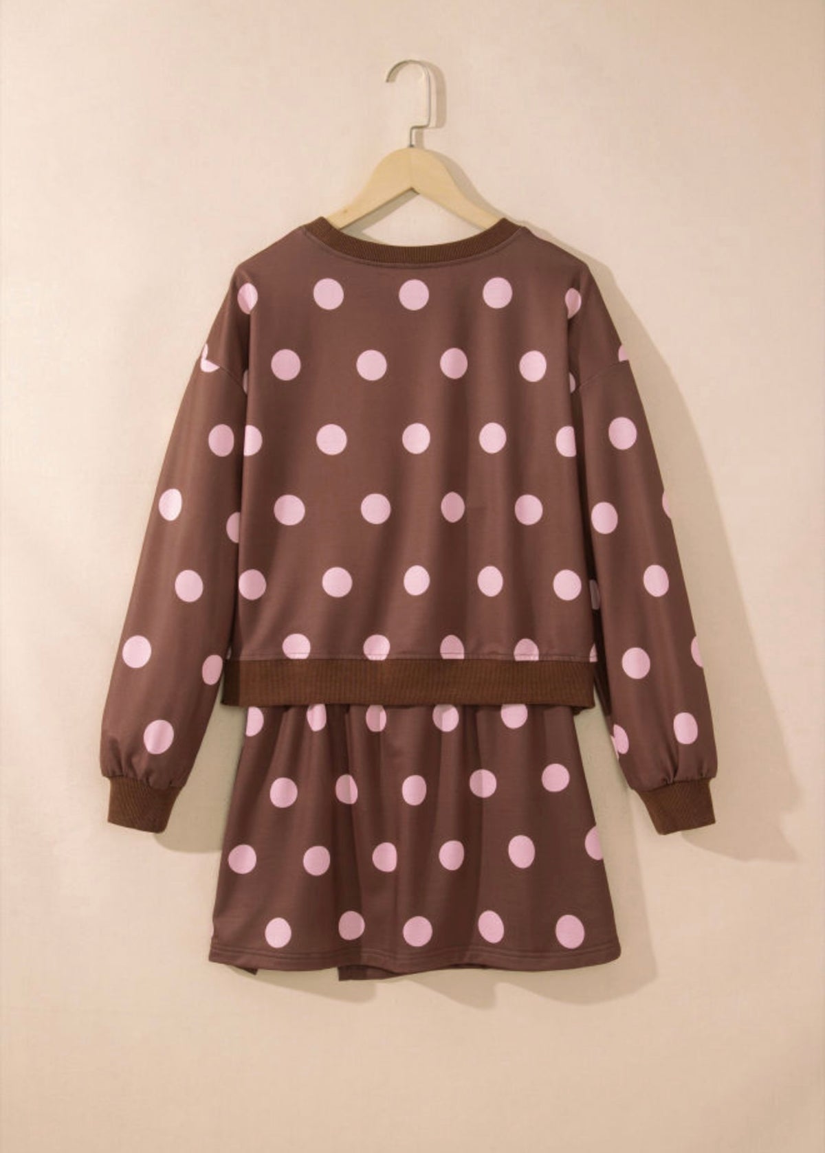 MLBP Brown and Pink Polka Dot Long Sleeve Crew Neck Skort Set